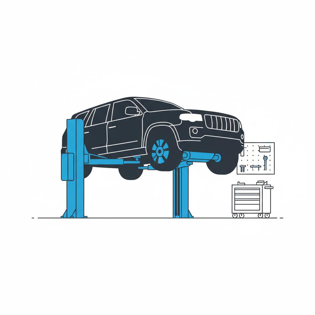 Minimalist vector showing a SUV on a lift with highlighted air suspension module undercarriage for used range rover for sale in white ffffff and blue 3666ed CarFax Deals style