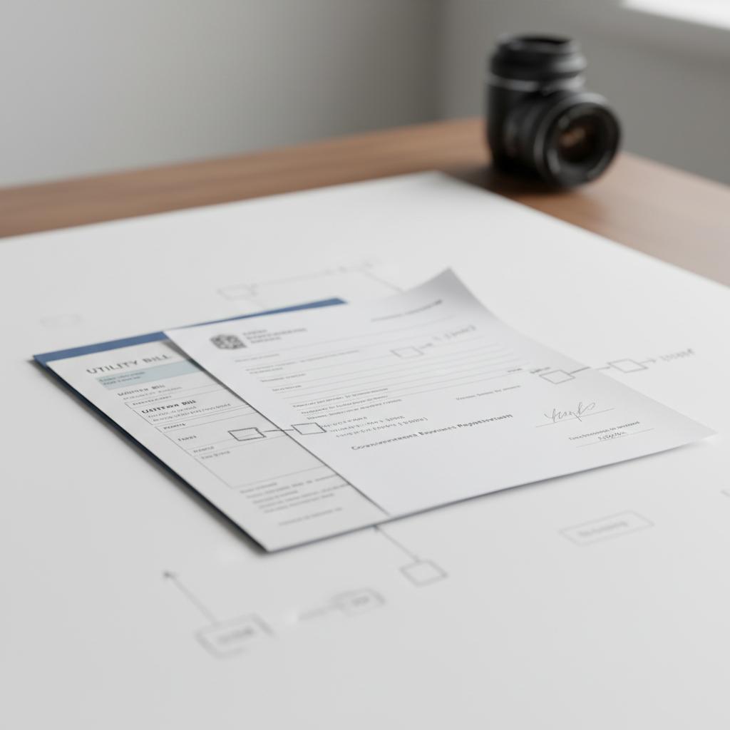 Close-up of a utility bill and government business registration partially overlapping on a white surface with a small #1a5bfb folder edge and a blurred camera lens, for Google Business Profile suspension
