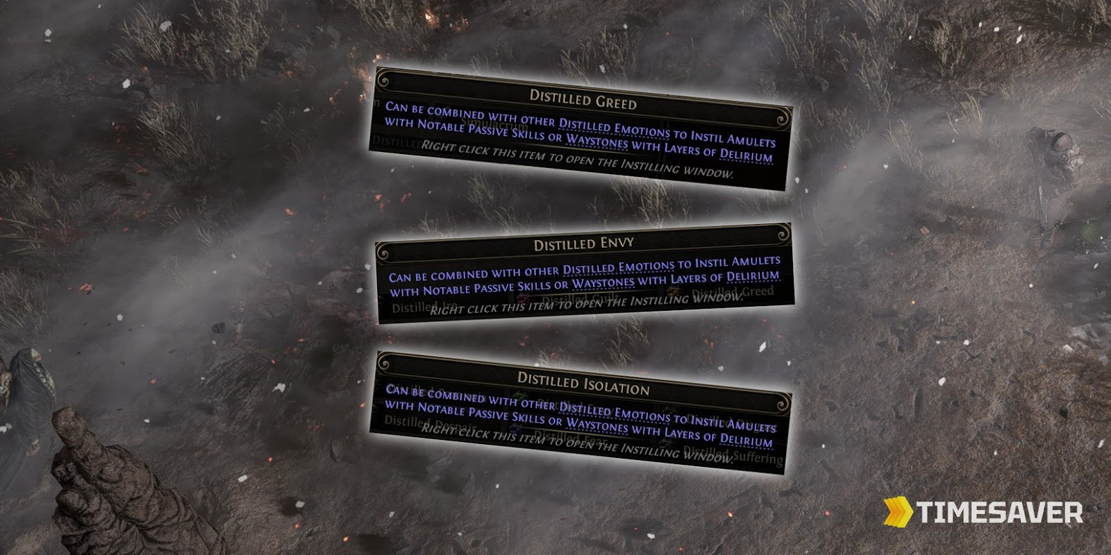 PoE2 Distilled Emotions (Greed, Envy, Isolation) — the core Delirium currency that instils amulets with Notable passives or layers Delirium onto Waystones