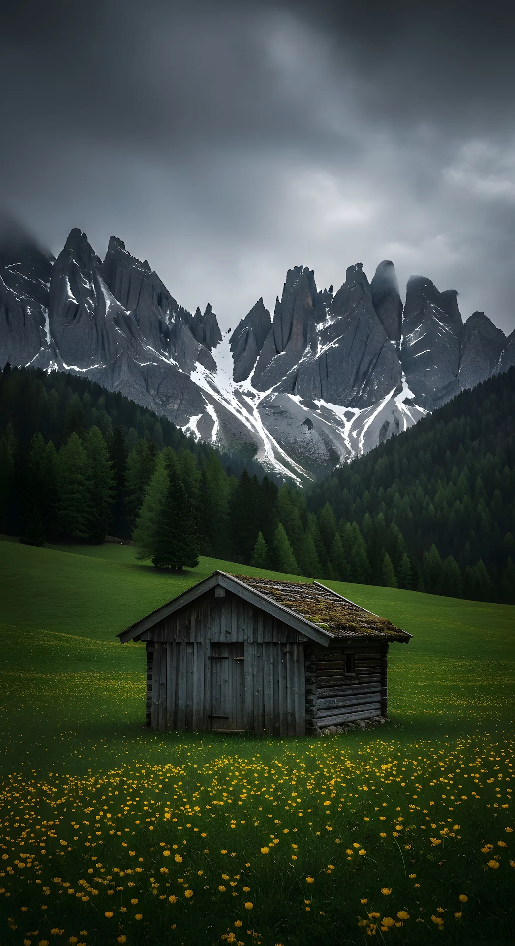 Moody Landscape Photo of Weathered Wooden Cabin in Alpine Meadow with Snowy Mountains - Free 4K mobile Wallpaper
