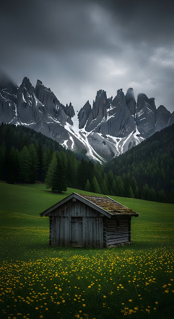 Moody Landscape Photo of Weathered Wooden Cabin in Alpine Meadow with Snowy Mountains - Free mobile Wallpaper