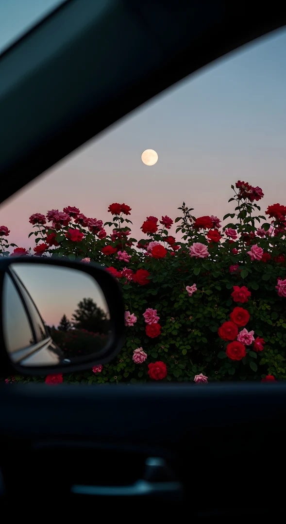 Full Moon Over Red Roses Car Window View Aesthetic