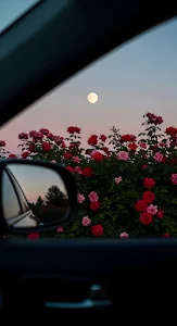 Full Moon Over Red Roses Car Window View Aesthetic