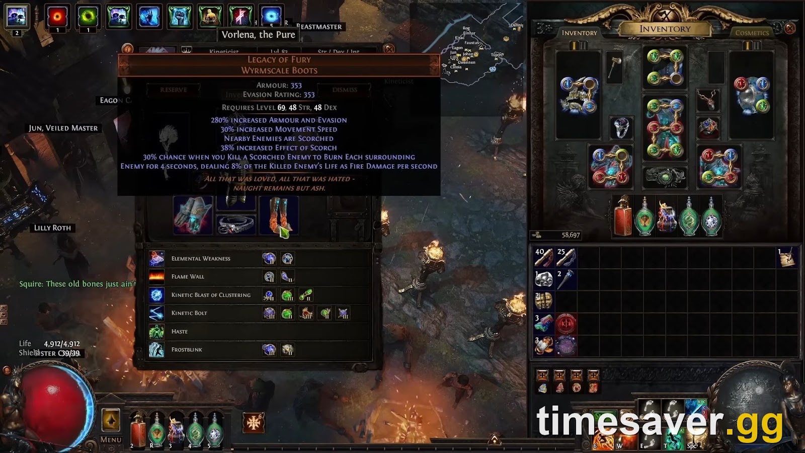 PoE mercenary gear and skills screen for Vorlena shown beside the player inventory — gearing a permanent mercenary as a Luminary
