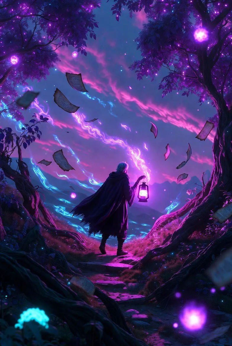 Escena mística y fantástica del bosque crepuscular