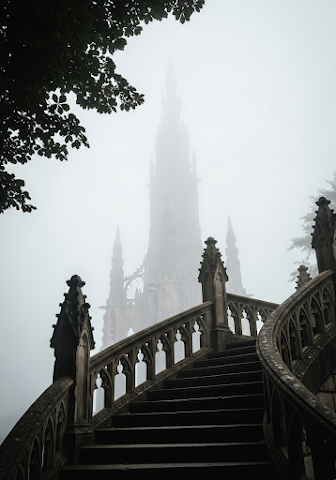 Gothic Monument Stairs in Heavy Fog