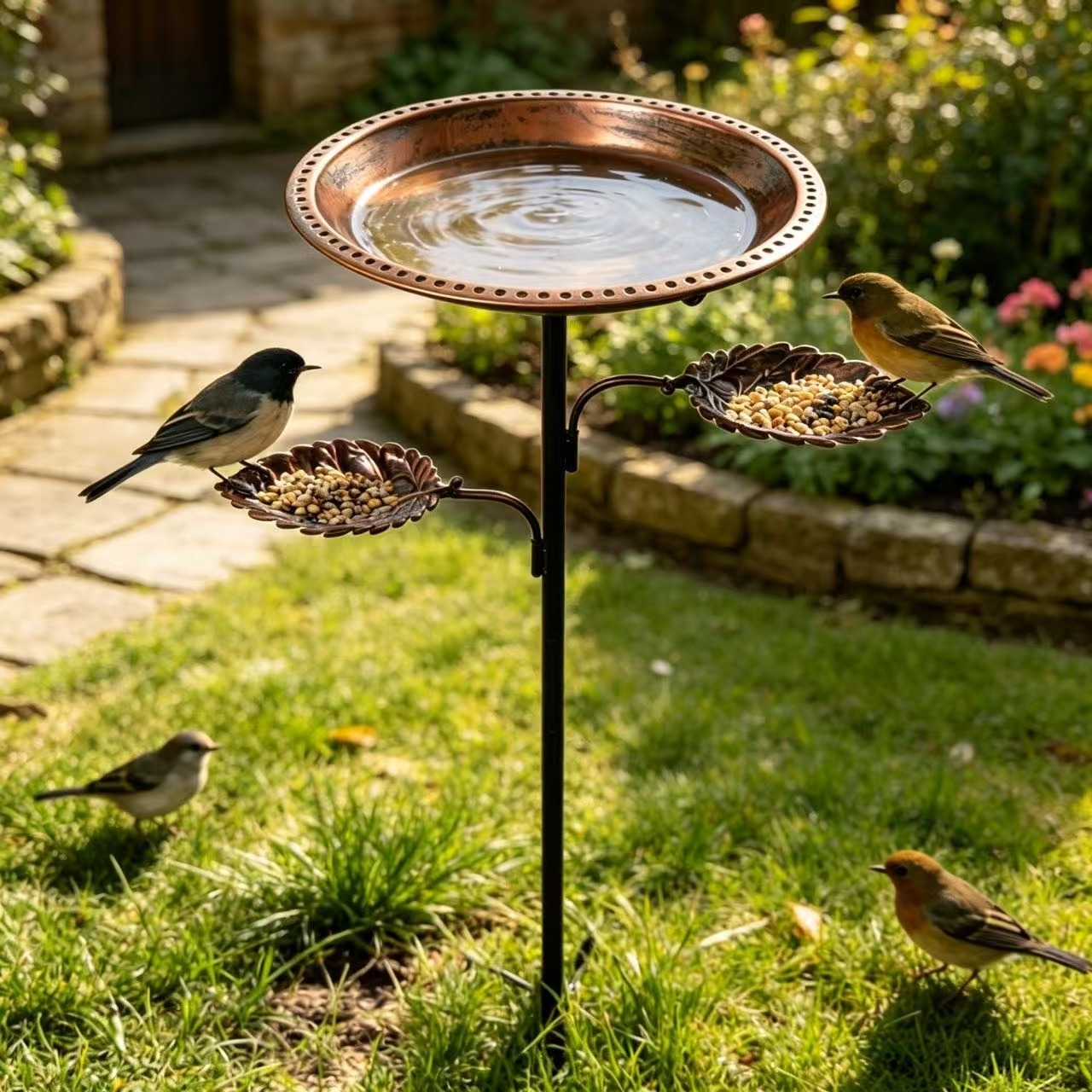 Metal birdbath and feeding station, leaf design