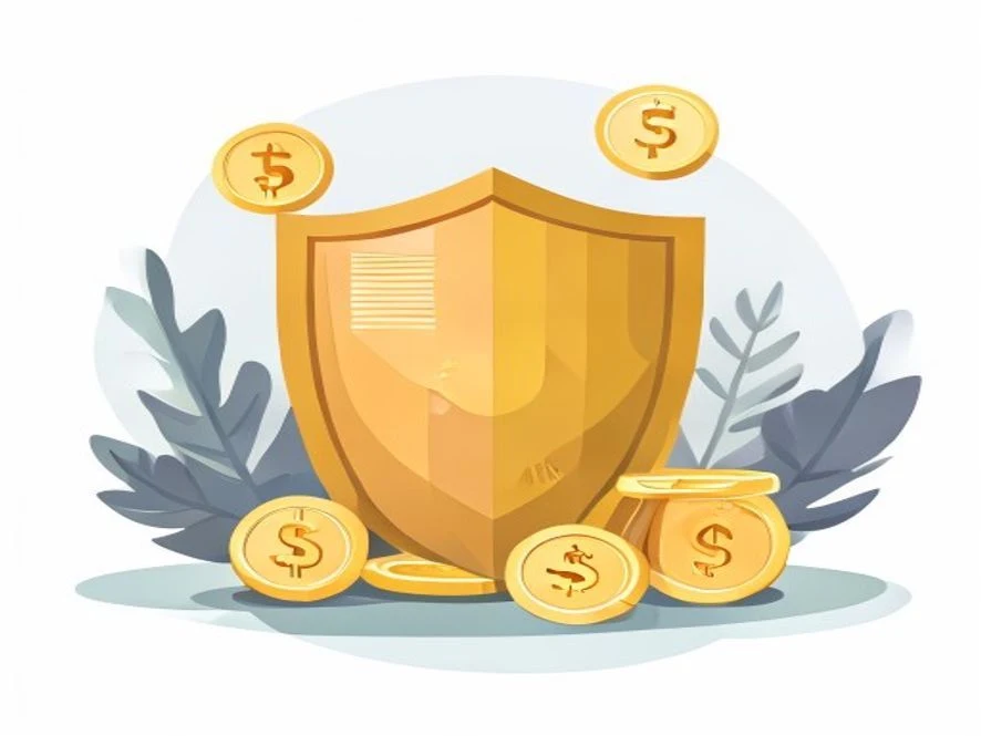 황금 동전과 서류첩을 둘러싼 방패 일러스트로 안전한 예금자 보호 제도를 시각화한 이미지