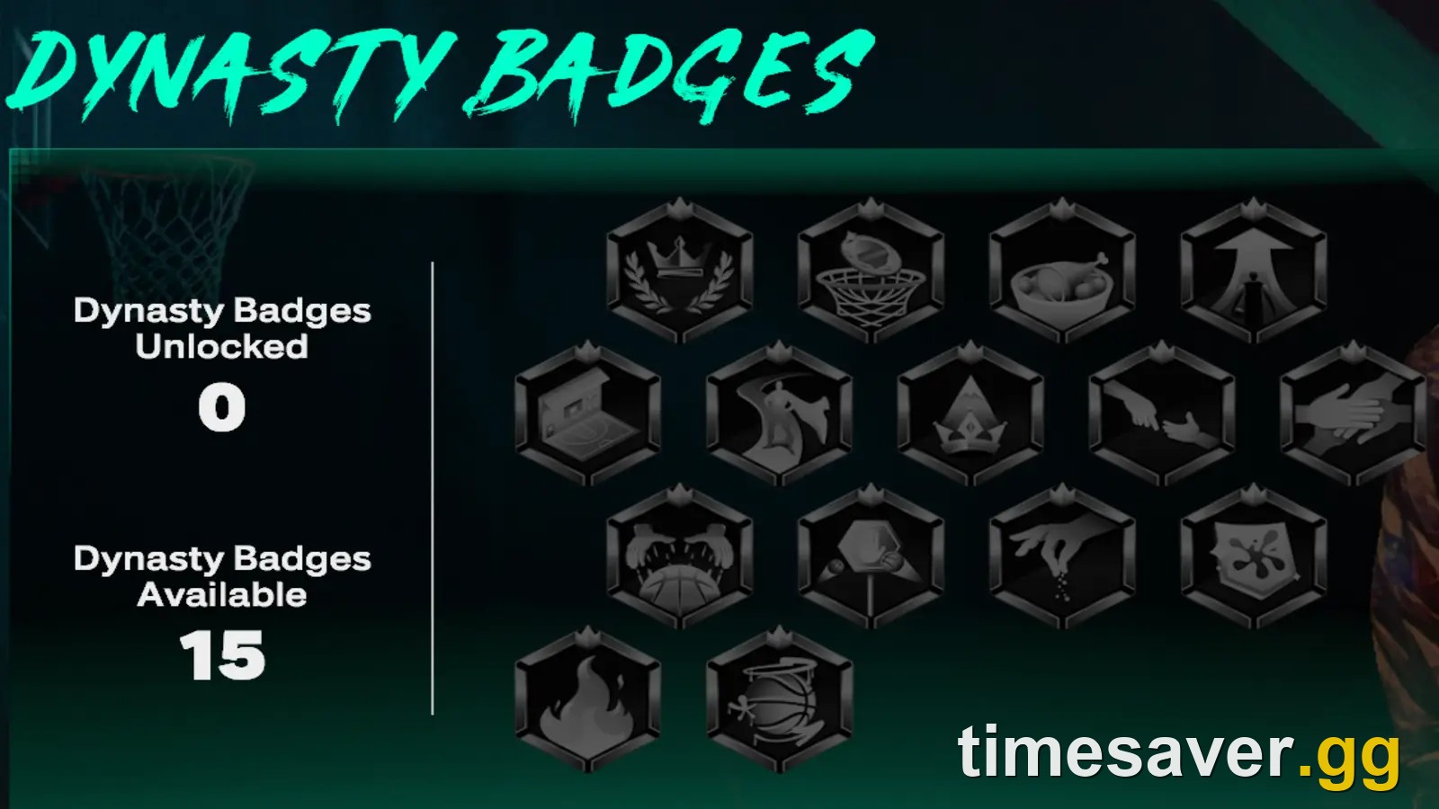 NBA 2K27 MyCAREER Dynasty Badges screen showing 15 Dynasty Badges available