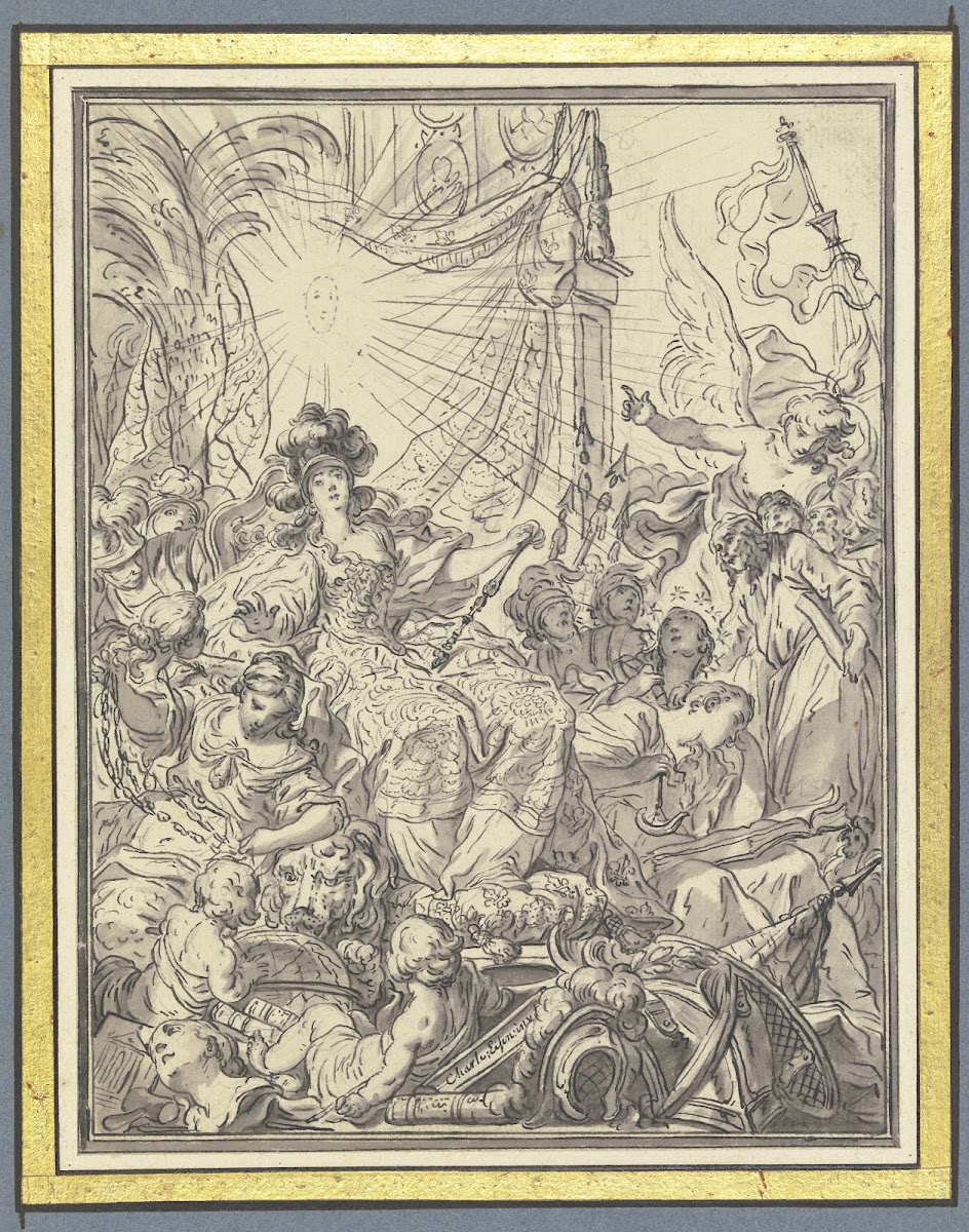 Frankreich auf dem Thron umgeben von allegorischen Figuren ca 1764