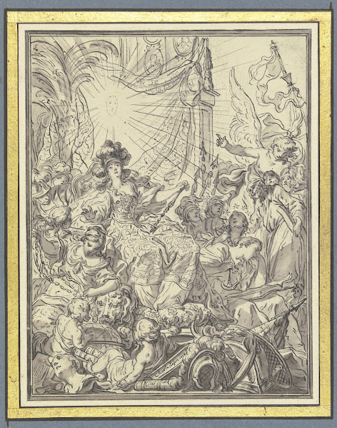 Frankreich auf dem Thron umgeben von allegorischen Figuren ca 1764