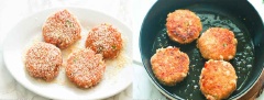 Tạo hình cho bánh cá rau củ: Trộn đều tất cả rồi vo thành những viên tròn nhỏ, ấn dẹt xuống, tẩm bánh với phần bột chiên xù còn lại, cho phần bánh này vào ngăn đá tủ lạnh và để ít nhất 1 tiếng. Bắc chảo lên bếp, cho dầu vào đun nóng, thả bánh vào chiên chín vàng 2 mặt.