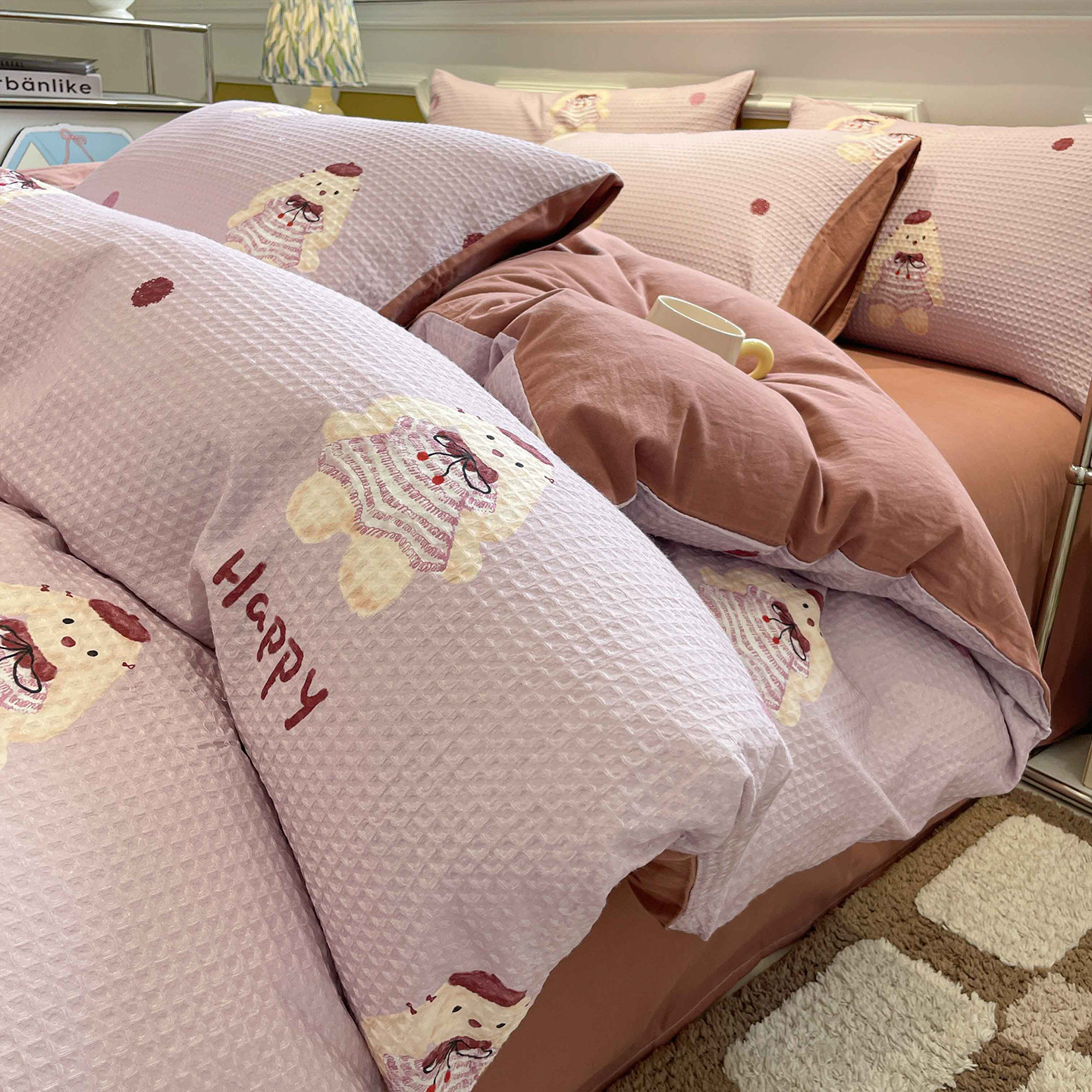 Cotton bedding set, waffle piqué look, printed