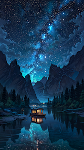 Cozy Cabin Boat Under Starry Night Sky in Mountains