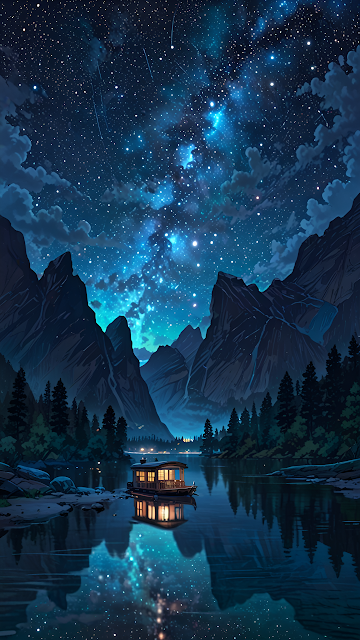Cozy Cabin Boat Under Starry Night Sky in Mountains