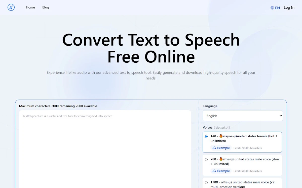 Captura de TexttoSpeech.im: Convert  Text to Speech Free Online