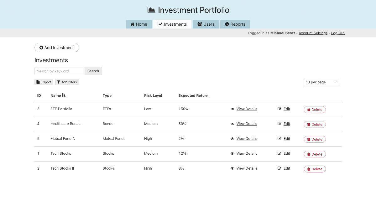 Captura de investiment.io