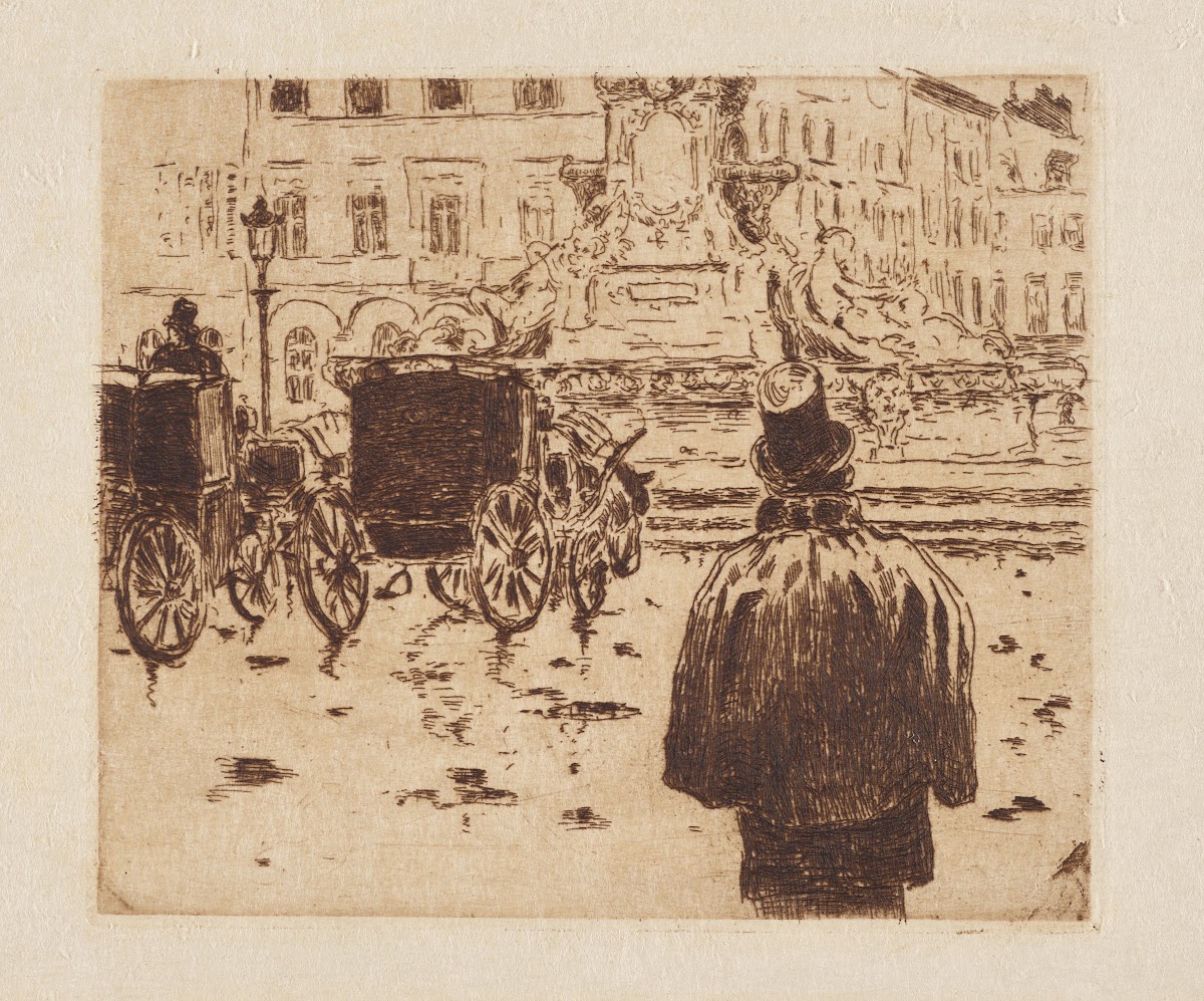 Brussels stadsplein met koetsen en personages 1893
