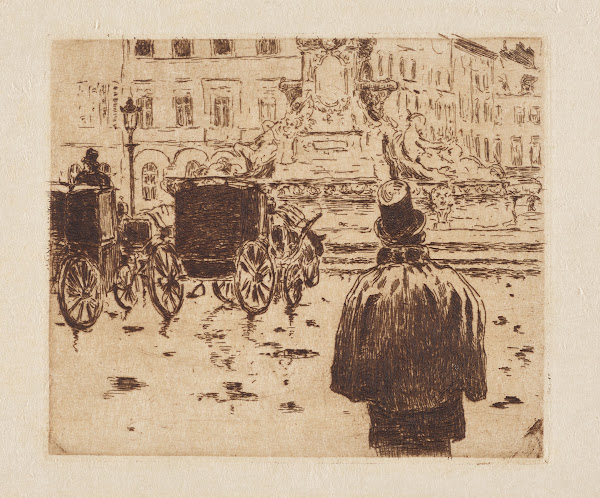 Brussels stadsplein met koetsen en personages 1893