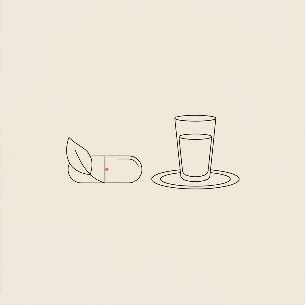 Minimalist Tonum-style line illustration of a capsule with a leaf and a plate with a water glass on beige background — visual for which weight loss drug has the most weight loss?