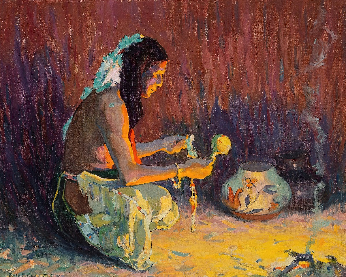 Indian Brave Kneeling Before the Firelight 1921