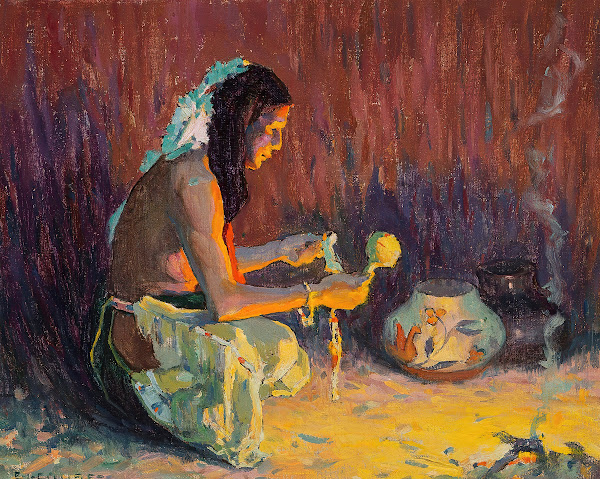 Indian Brave Kneeling Before the Firelight 1921