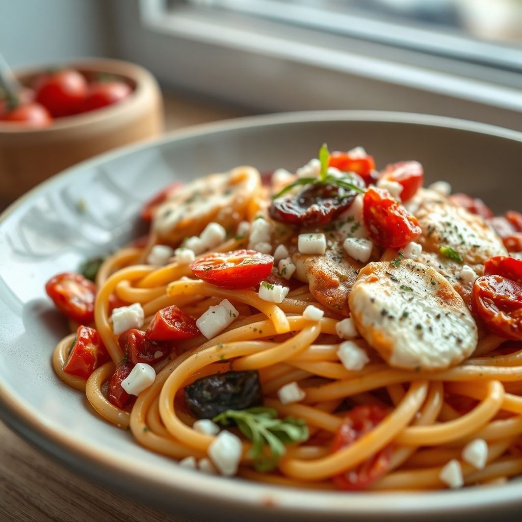Easy Greek Chicken Pasta with Feta and Sun-Dried Tomatoes—30-Minute Weeknight Dinner