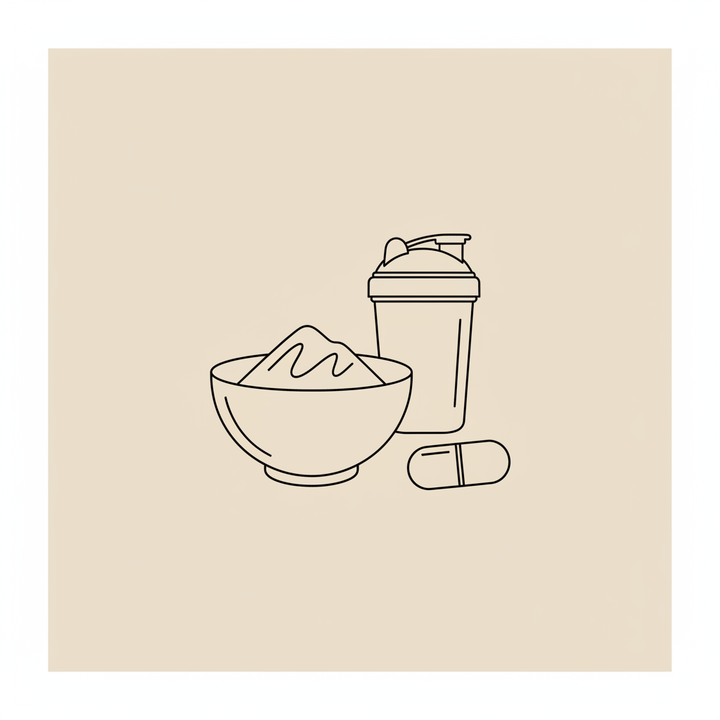 Minimalist line illustration of a protein bowl, shaker bottle, and capsule on a beige background representing collagen for weight loss.