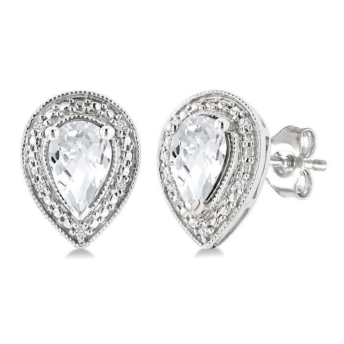 Silver Pear Shape Gemstone & Diamond Earrings