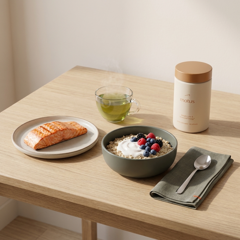 Minimal breakfast with grilled salmon, oats with yogurt and berries, green tea and Tonum Motus container - metabolism booster for women over 40