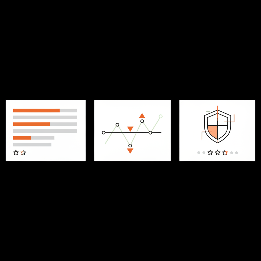 Minimal 2D vector infographic of a review analytics dashboard with arrows showing rise and decline and a protective shield, in brand colors — contest a bad Google review