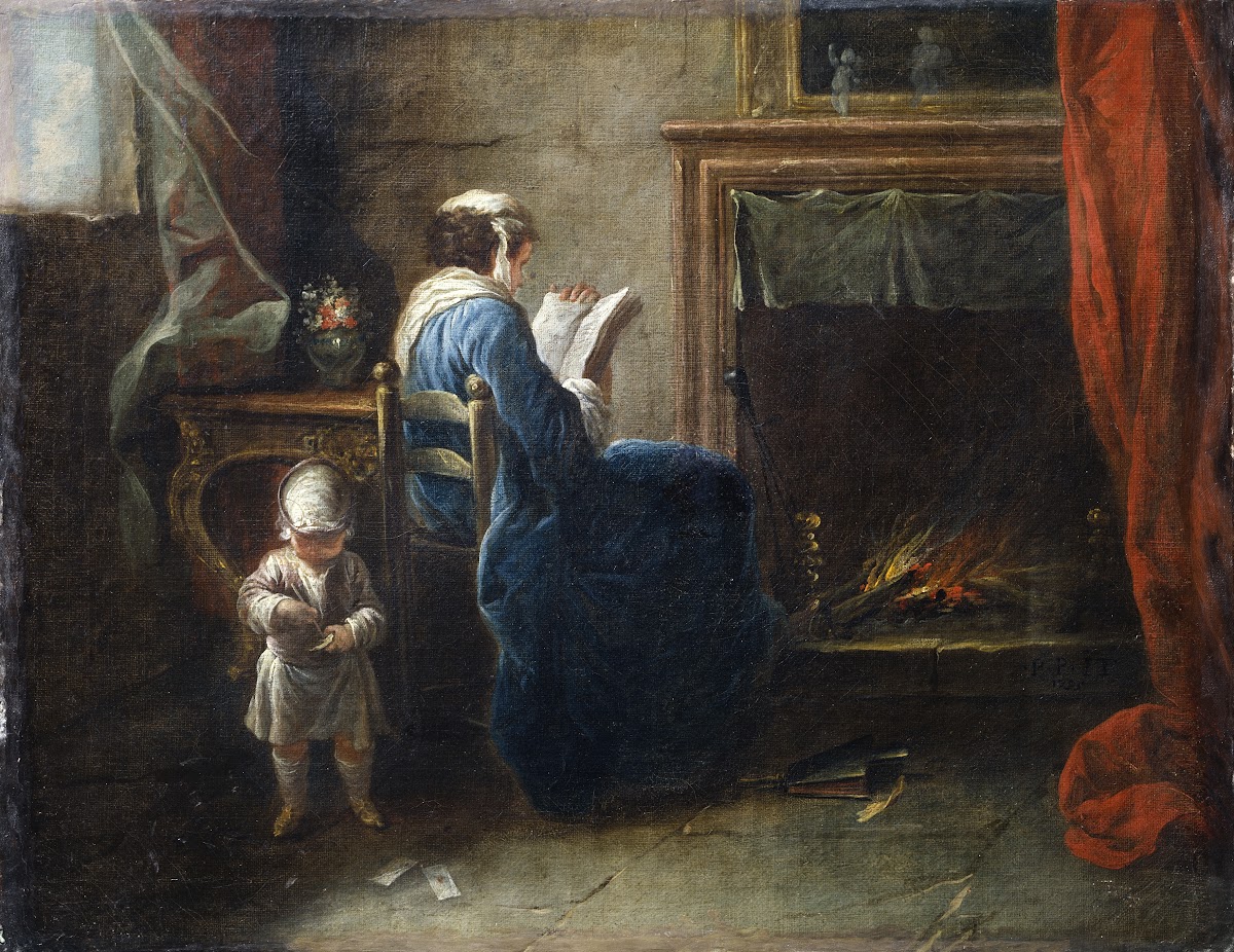 Woman Reading in front of a Fireplace 1735