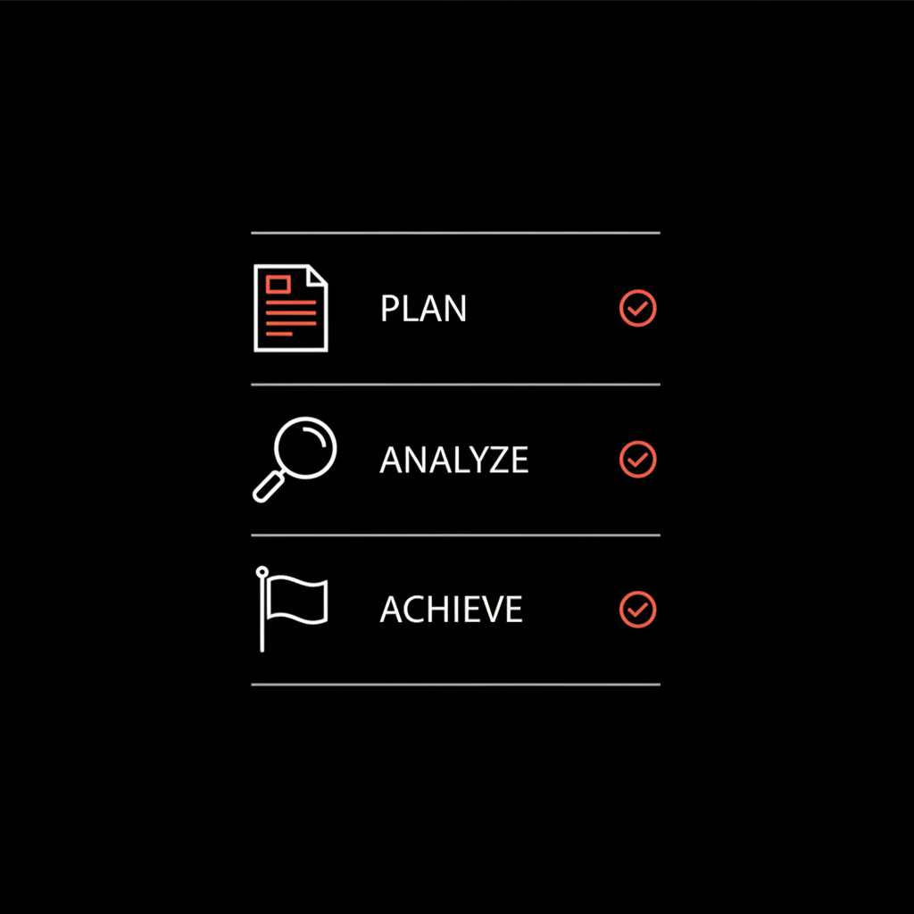 Minimal infographic checklist with document, magnifying glass, and flag icons on black background using brand colors, illustrating Google review policy steps.
