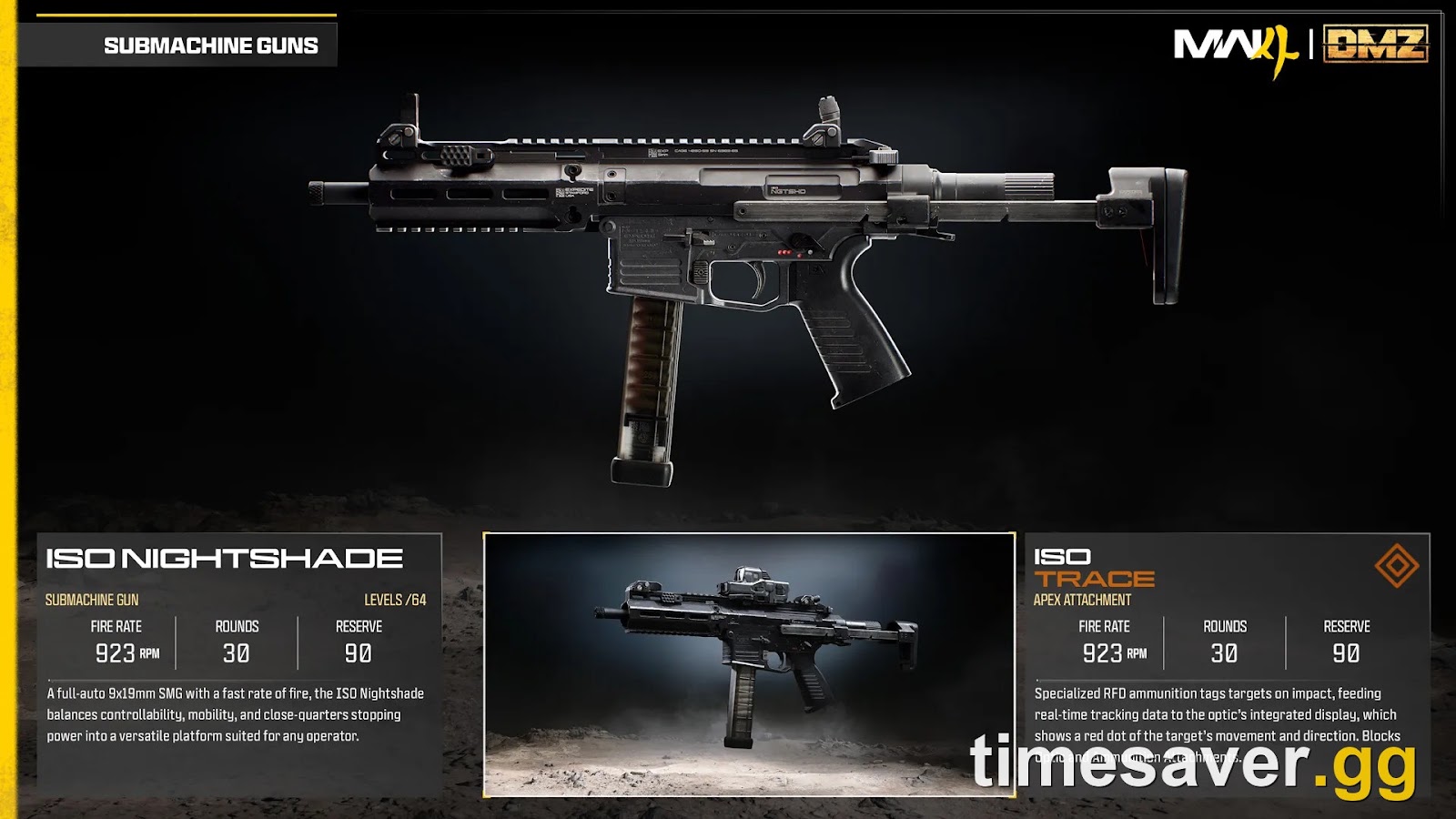 Official MW4 ISO Nightshade SMG card. SMGs need kills from behind for their Platinum camo