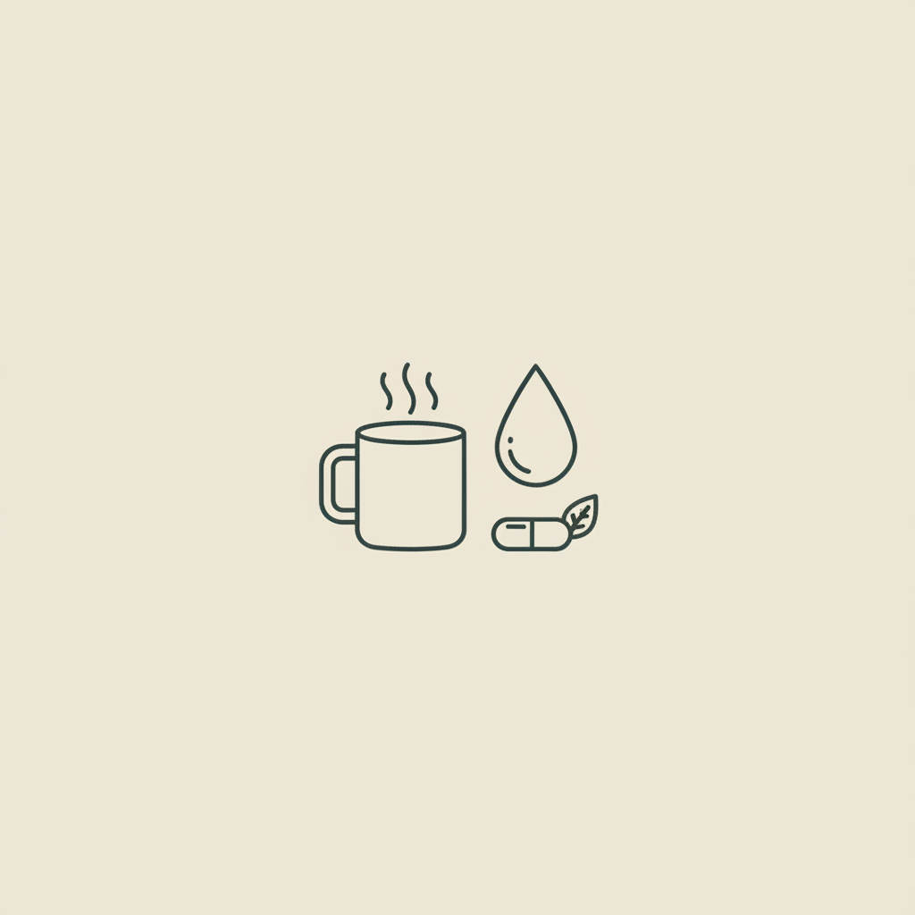 Minimalist 2D vector line illustration of a steaming cup, water droplet, and small capsule with leaf on beige #F2E5D5 background, representing morning drinks for belly fat