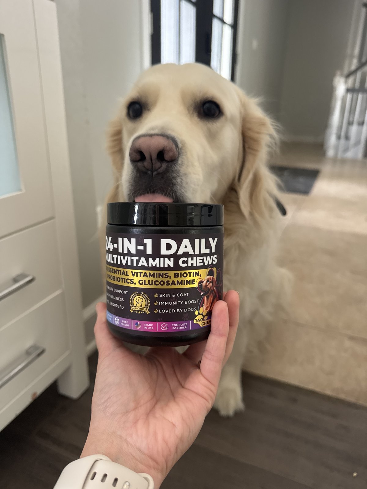 Multivitamin Pup Choice — influencer photo — theme: seasonal anxiety