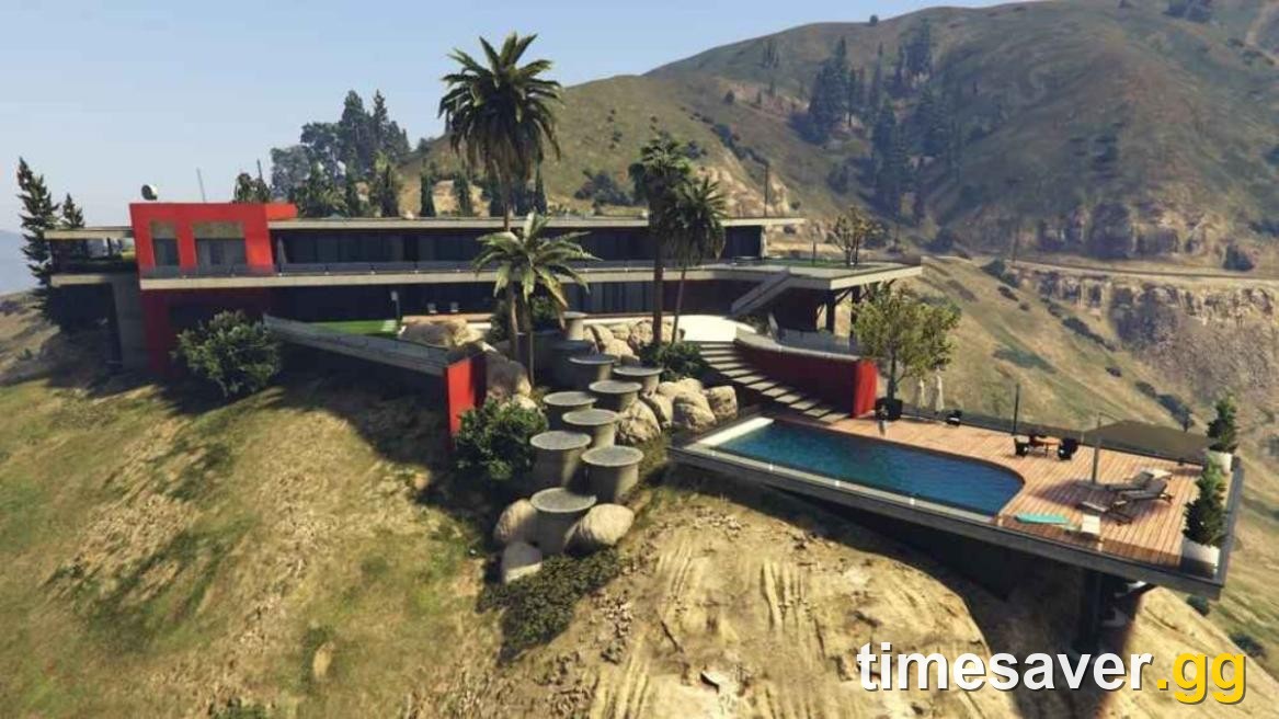 A GTA Online luxury mansion with a hillside infinity pool overlooking Los Santos