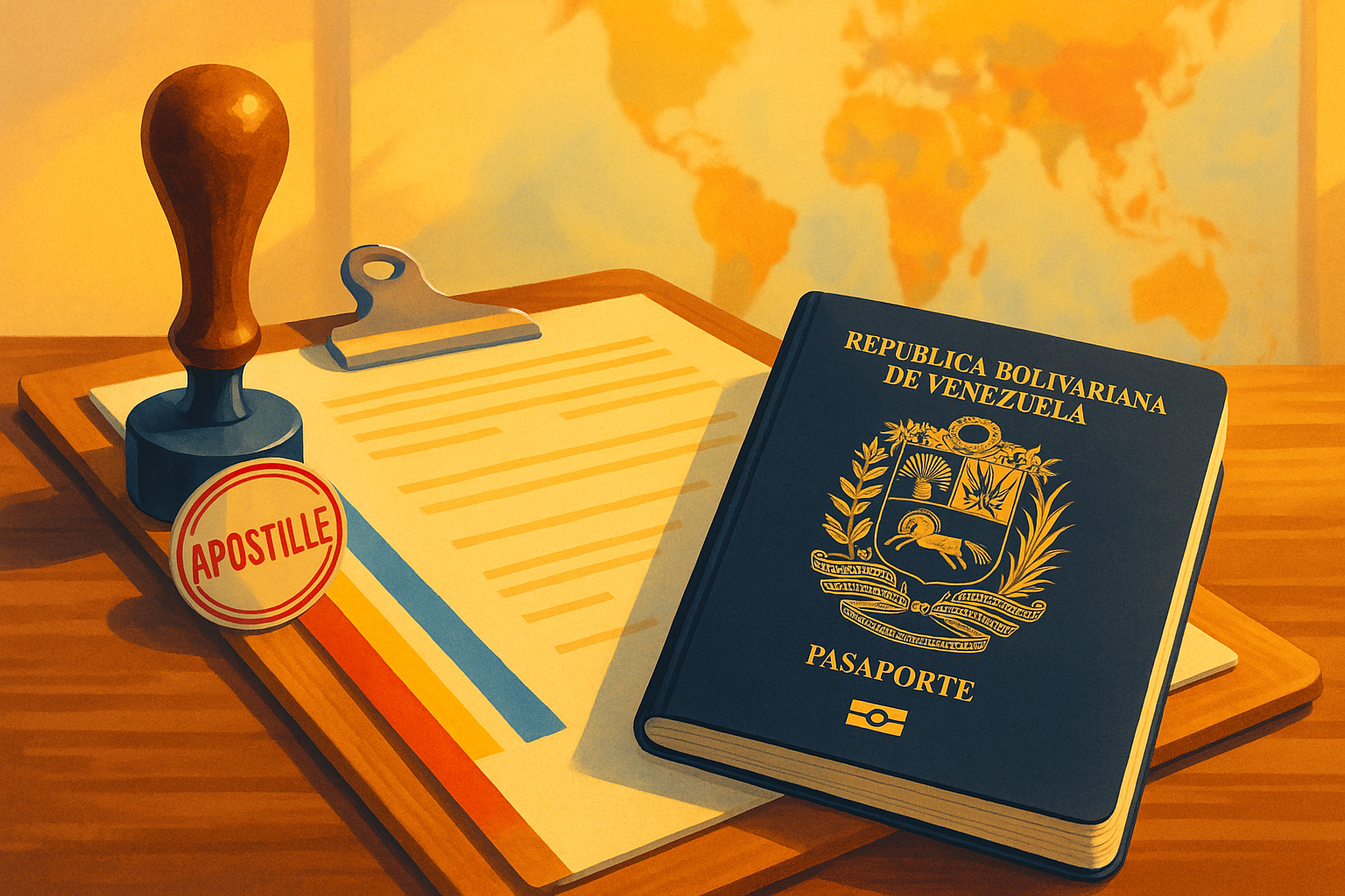 Carpeta con documentos y pasaporte en mesa, trámites y legalización internacional para migrantes venezolanos