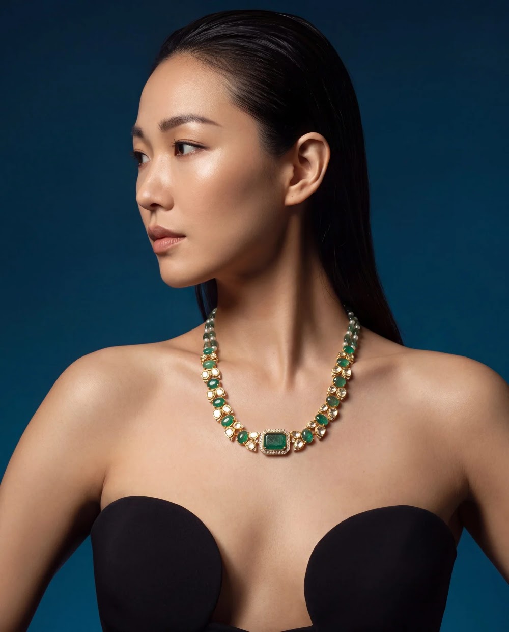 Model in profile wearing the Samrudi Polki and Diamond Necklace with green stones from Tyaani