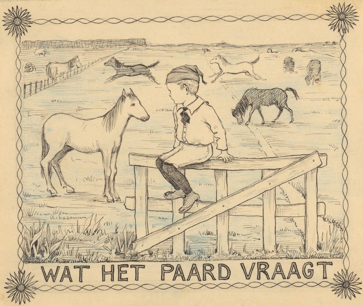 Jongen kijkt naar een paard vanaf een hek