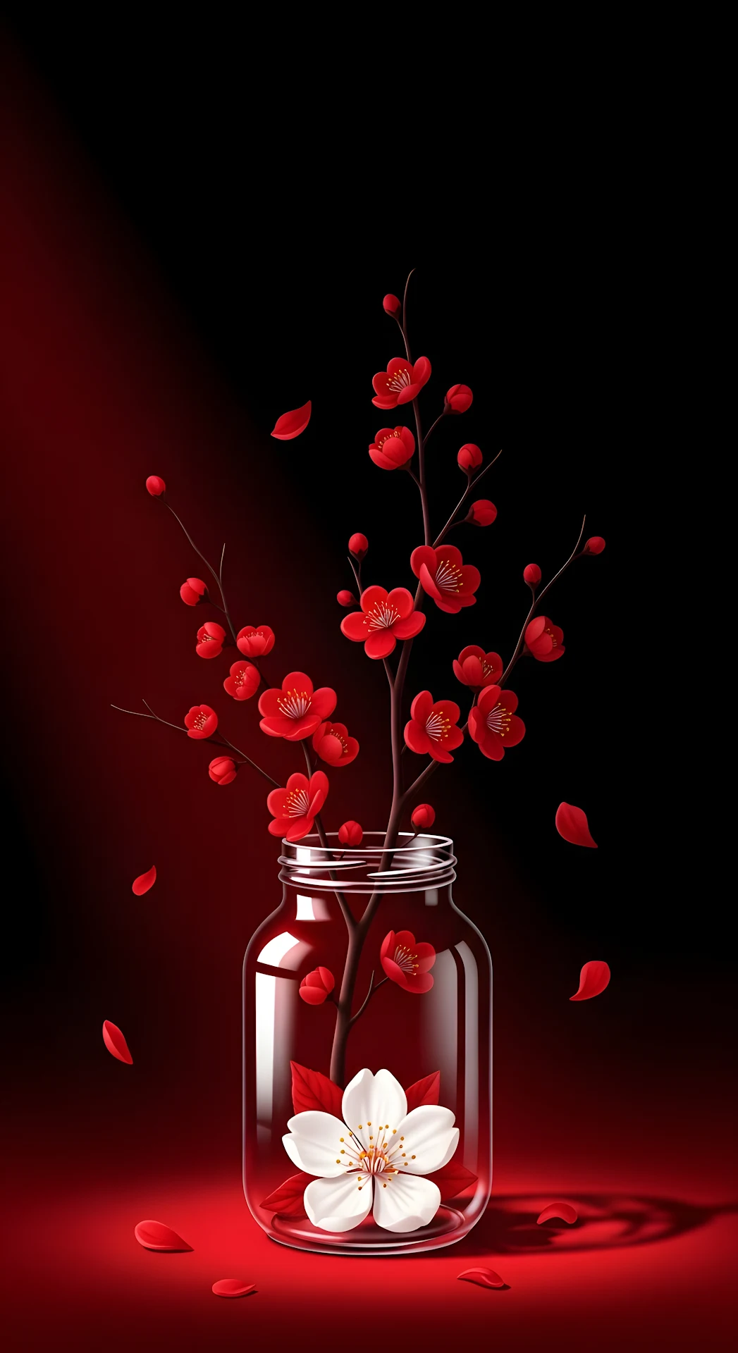 High-Contrast Graphic Illustration of Red Cherry Blossoms in a Glass Jar with Petals Falling - Free 4K mobile Wallpaper