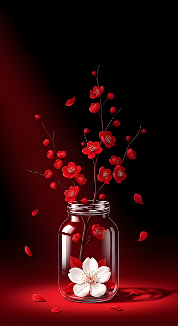 High-Contrast Graphic Illustration of Red Cherry Blossoms in a Glass Jar with Petals Falling - Free mobile Wallpaper