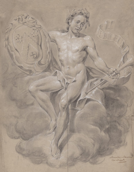 Seated male nude with coat of arms and trumpet 1768