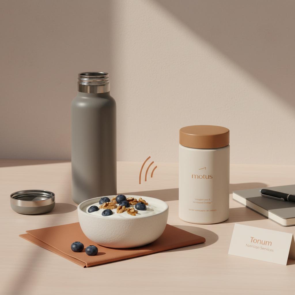 Minimalist still-life of Greek yogurt with blueberries and walnuts, a water bottle, notebook, Tonum product and nutrition card — what am I lacking in my diet if I crave sugar