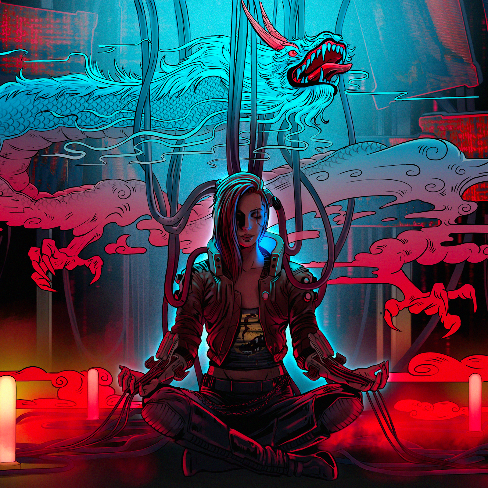 Download Cyberpunk, Cyberpunk 2077 Phantom Liberty, Red, Digital Art, Games, Meditation, Dragon, 4K
