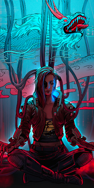 Cyberpunk, Cyberpunk 2077 Phantom Liberty, Red, Digital Art, Games, Meditation, Dragon, 4K Wallpaper Background