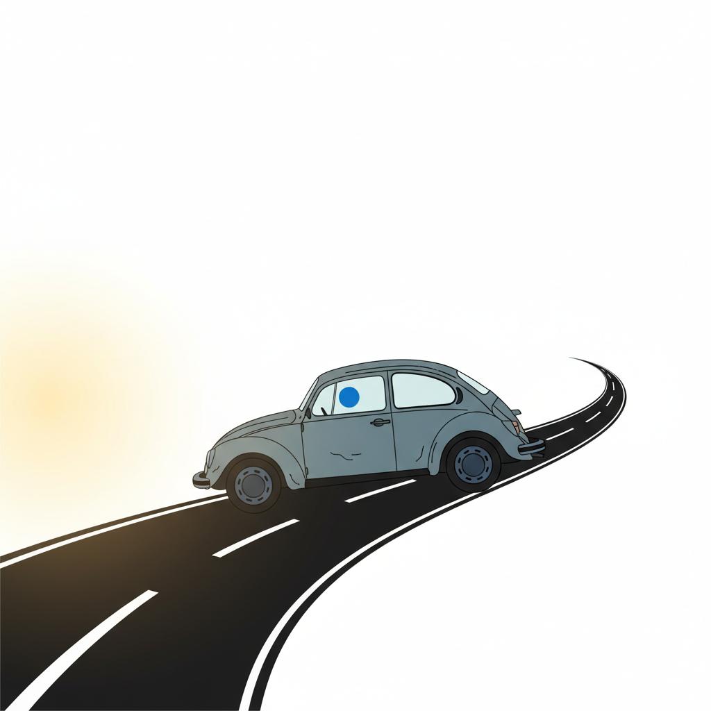 Minimalist 2D vector side profile of a used VW on an open road in early morning light what are common vw problems illustration with small blue sticker accent #3666ed