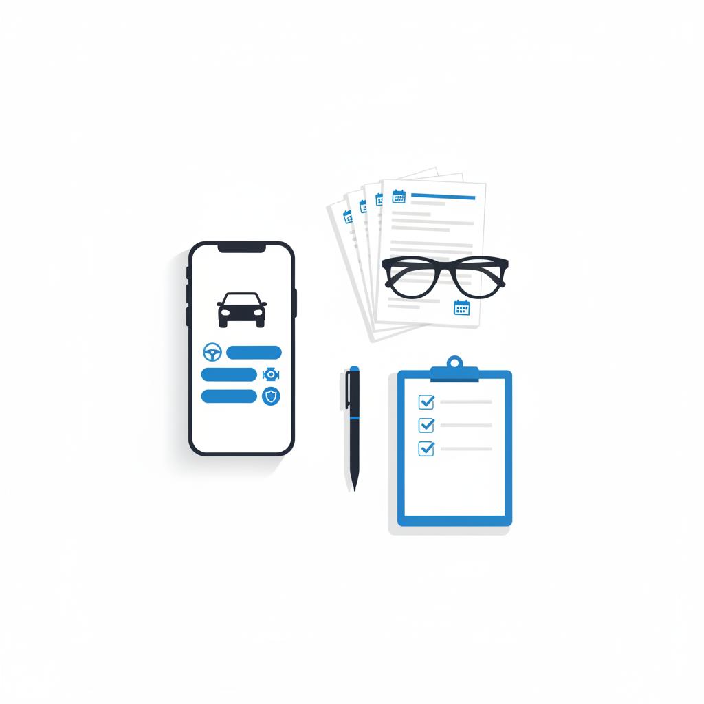 Minimalist vector illustration of a smartphone and service records on a white desk showing vehicle history summary icons used audi for sale