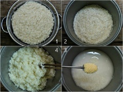 Vo sạch gạo nếp, đổ vào nồi cơm điện (không cần ngâm nếp), cho nước vừa sấp mặt gạo, pha thêm vào 1 muỗng canh dầu ăn và 1 muỗng cà phê bột nêm, khuấy đều rồi nấu vừa chín tới như nấu cơm bình thường.