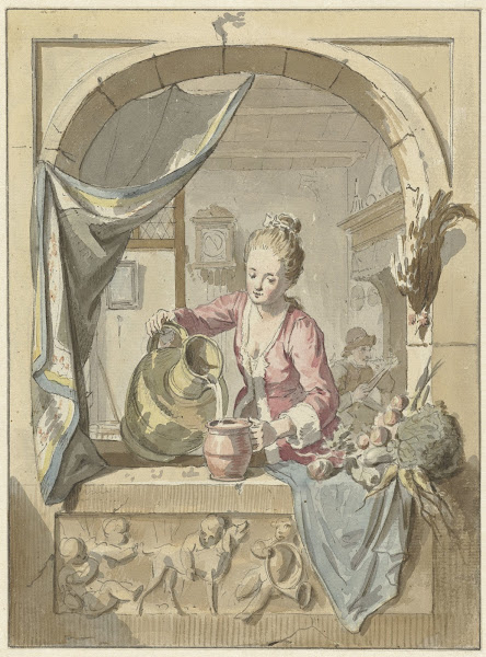 Vrouw schenkt melk uit een kan in een venster 1748   1798